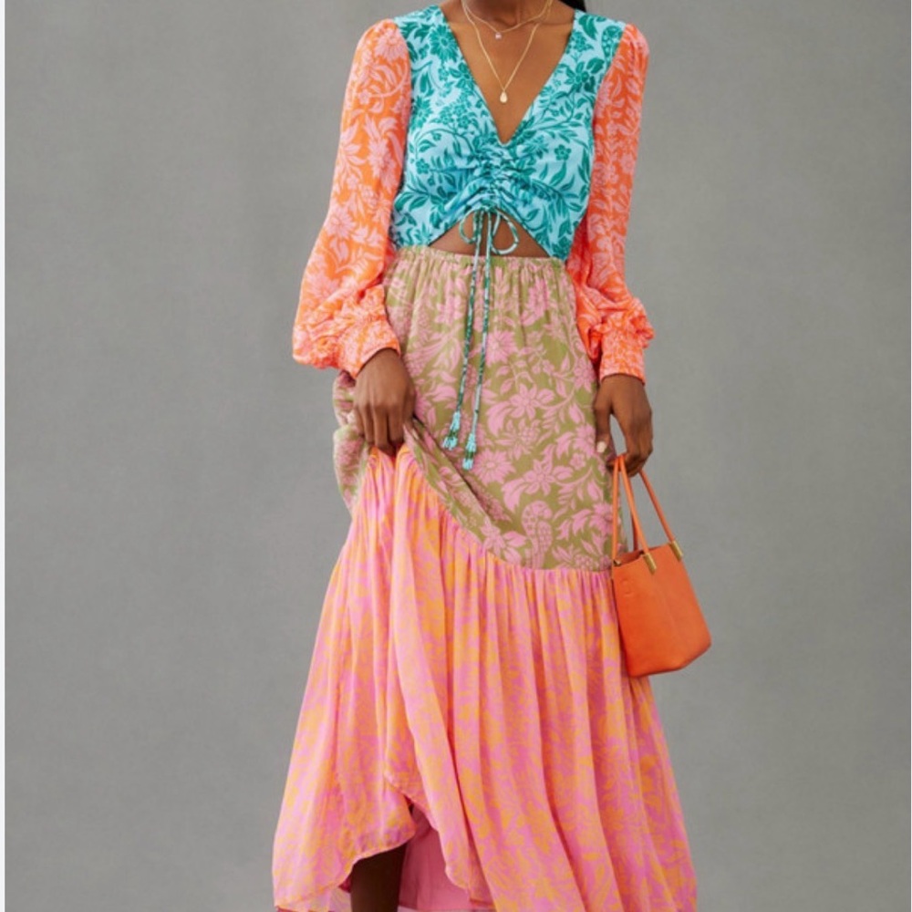 FARM Rio Colorblock Floral Maxi Dress in Coral, Pink & Teal